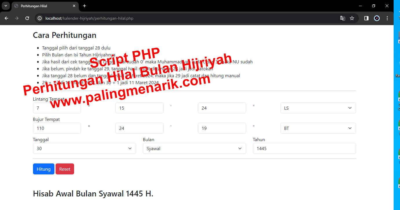 Script PHP Perhitungan Hilal Bulan Hijriyah